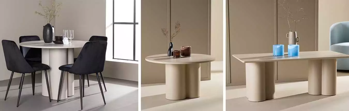 table basse ronde, table basse rectangulaire et table à manger beige